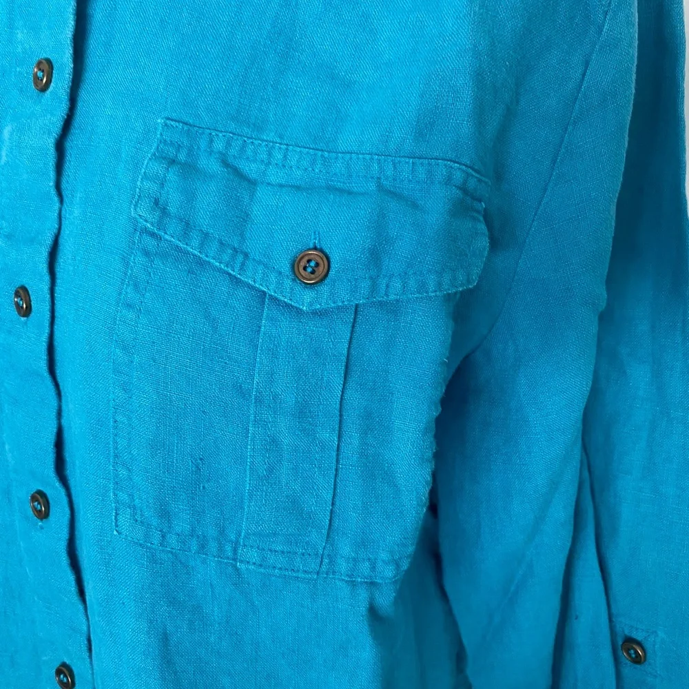 Chicos Turquoise Linen Button Up Blouse Sz M - Picture 3 of 6